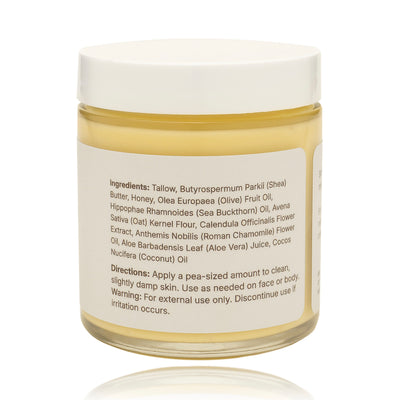 Jar of skincare product with label on a white background